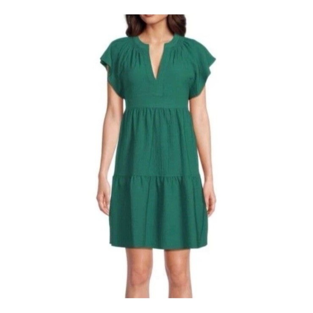 Calvin Klein Green Flutter Sleeve Textured Dress Size 12 Large Womens